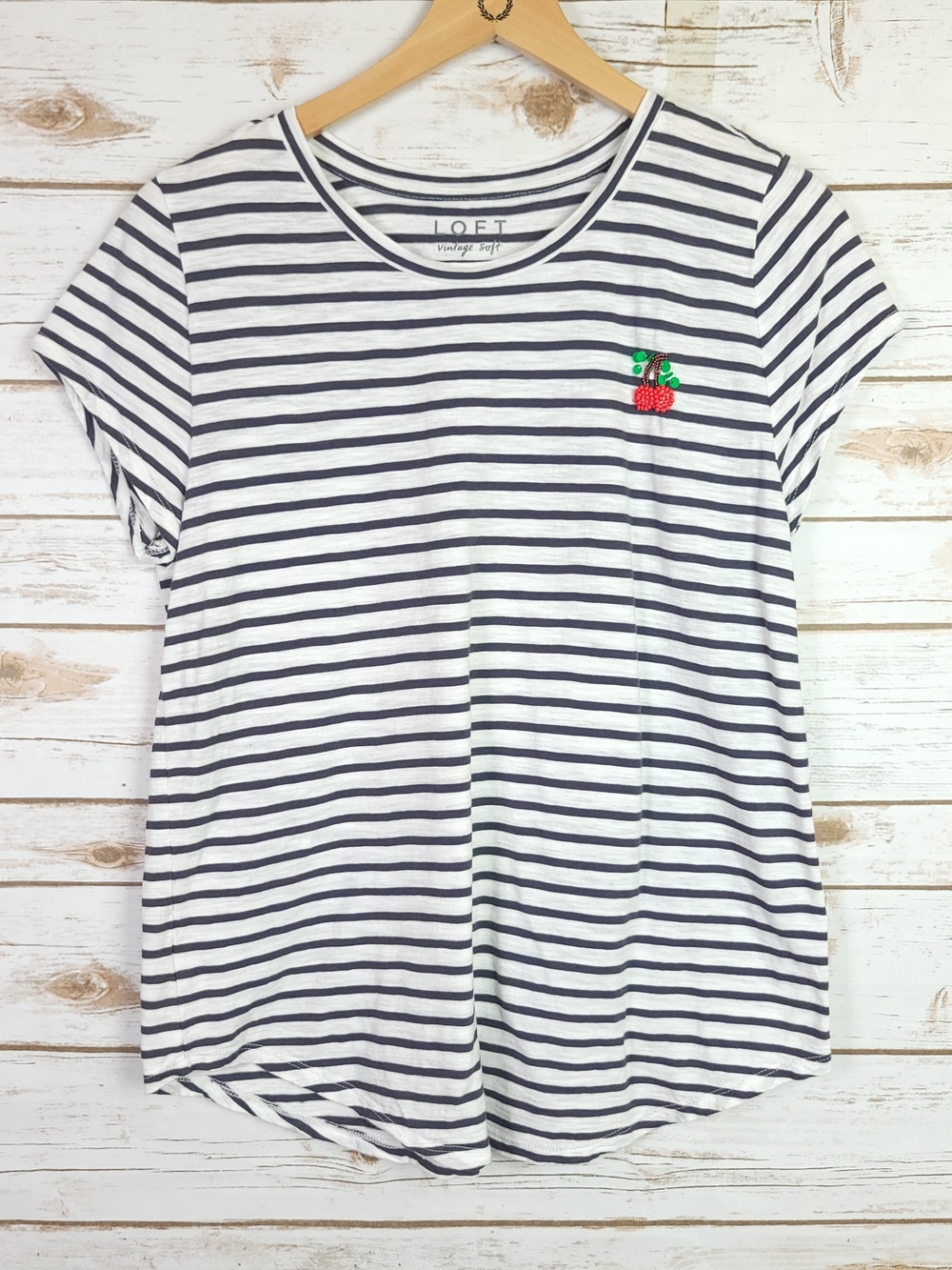Loft Vintage Soft Tshirt Women Large Black White Striped Beaded Cherry Applique